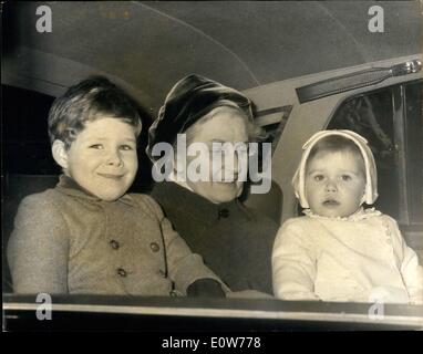 Dec. 12, 1961 - Royal children leave for Windsor.: Viscount Linley and Lady Sarah Armstrong-Jones, the children of Princess Margaret and Lord Snowdon, left Kensington Palace today for Windsor Castle, where they will spend Christmas. Photo shows Viscount Linley and Lady Sarah, pictured with their nanny when they left for Windsor today. Stock Photo