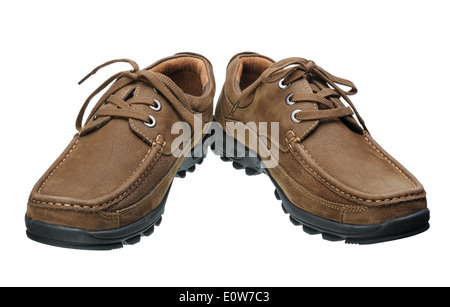 Men's brown leather shoes with laces, isolated on a white background. Stock Photo