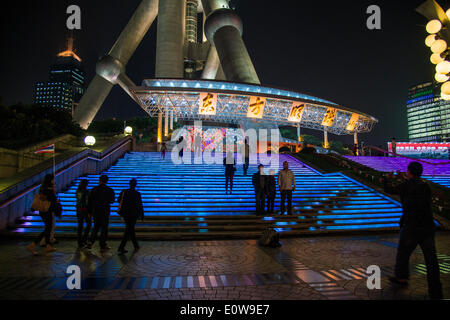 Illuminated stairs of the Oriental Pearl Tower, Shanghai, China Stock Photo