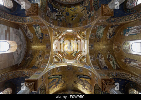 Dome with Byzantine mosaics, Christ Pantocrator, archangels and prophets, La Martorana Church from the Norman period, Palermo Stock Photo