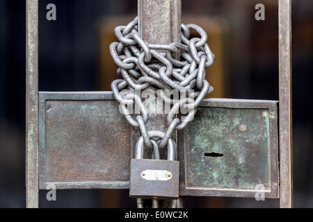 Chain with padlock on an iron gate, Budapest, Hungary Stock Photo