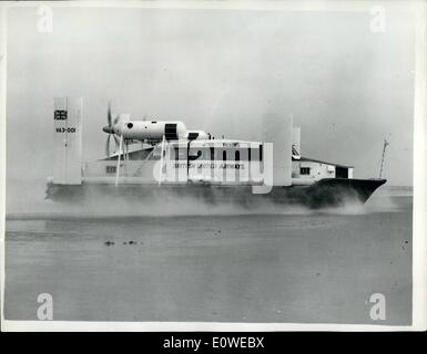 Jul. 07, 1962 - ''Flying Crab'' Hovercraft begins Passengers Service: Hitory was made yesterday when the 11 ton 24 seater Vickers Armstrong 3 Hovercraft completed the 19 mile stretch between Wallasey and Rhyl acros the Dee estuary in half an hour at a speed of nearly 70 mph. Looking like some giant flying crab it took the first passengers for &pound;2 return. The service is for 8 weeks, 6 days a week, six time a day. 4,000 tickets out of a possible 14,000 have been sold already. Holiday - makers will save ip to1-1/2 hours on the journey Stock Photo