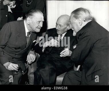 Nov. 11, 1962 - Literary Luncheon at the Dorchester.. animated conversation.. A Foyles Literary Luncheon was held this afternoon at the Dorchester Hotel in honour of Lord Boothey to mark the publication of his book ''My Yesterday - Your Tomorrow''.. Photo shows Talking together at the luncheon this afternoon are L-R:- Somerset Maugham; Earl Attlee and Sir Compton Mackenzie. Stock Photo