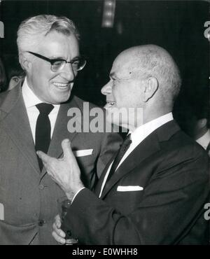 Feb. 02, 1963 - Frank Capra, the famous American director arrived today in Rome, from Hollywood in connection with his next picture ''The Circus'' which exterior will be shooted in Italy. Capra received Italian journalists and photoreporters during a press conference that took place at Cinecitta the Roman Studios where the film shooting will take place. Photo shows Italian director Vittorio de Sica (left) and Frank Capra. Stock Photo