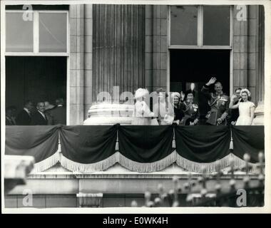 Jun. 06, 1963 - The Royal on Balcony after trooping the colour.: Photo shows the Queen and prince Philip on the Buckingham Palace balcony with (from left) Queen Elizabeth, the Queen mother, the Princess Royal, the Duchess of Gloucester and princess Anne. At extreme left is Prince rainier. Stock Photo