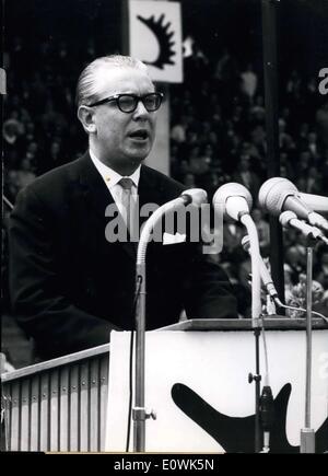Jun. 16, 1963 - Ostpreussen Deutsch und Frei! The large rally of East Prussians took place under this banner in Duesseldorf's Rheinstadion on 6-16-1963, East Prussian Day. As representative of Chancellor Dr. Adenauer, pictured here is Defense Minister von Hassel. Here he is giving words of welcome at the rally. Stock Photo
