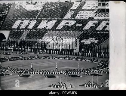 Aug. 06, 1963 - The 4th German Gymnastics and Sports Festival in Leipzig's Central Stadium became a celebration of the propaganda of the communist system. Thousands of uniformed extras made up the ranks of those who adhere to the symbols and sayings of the communist system. The presentations of the athletes were like an additional afterthought for the event. Stock Photo