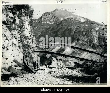 Oct. 10, 1963 - Scene Of The Italian Dam Disaster. Twisted Railway Lines At Longarone: It is feared that four thousand people lost their lives when part of the 6,000 ft. Mount Toc crashed down into the huge Vaiont Dam near Venice - sending millions of tons of water crashing through the valley - destroying the town of Longarone and other villages. Photo shows Twisted railway lines at Longarone - after the disaster. Stock Photo