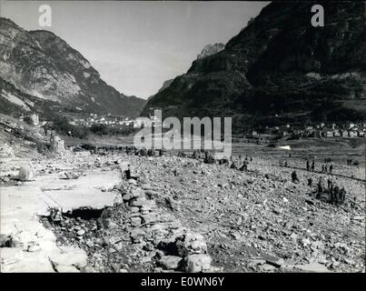 Oct. 10, 1963 - Scene of the Italian Dam Disaster. Ruins of a Church at Longarone: It is feared that four thousand people lost their lives when part of the 6,000 ft. Mount Tou crashed down into the huge Vaiont Dam nr. Venice - sending millions of tons of water crashing through the town of Longarone and surrounding villages. Photo shows The wreckage of church - after information on the sheet is torn. Stock Photo