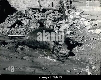 Oct. 10, 1963 - Scene of the Italian dam Disaster ruins of a Chruch at Longarone: It is feared that four thousand people lost their lives when part of the 6,oooft Mount Too crashed down into the huge Vaicnt Dam near, Venice-seding millions of tons of water crashing through the town of Longarone and surrounding villages. Stock Photo