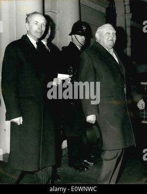Jan. 01, 1964 - Dr. Erhard arrives in London: The West German Chancellor Dr. Ludwig Erhard arrived in London today for a two-day visit. After his arrival at Gatwick Airport, he was greeted by prime Minister Sir Alec Douglas-Home at Victoria Station. Photo shows Dr. Erhard and Sir Alec Douglas-Home leave Victoria Station this morning. Stock Photo
