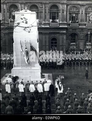 Nov. 10, 1963 - 10-11-63 Armistice Day ceremony at Cenotaph general view. H.R.H. The Duke of Edinburgh placed the wreath at the annual Armistice Day ceremony at the Cenotaph this morning. Bippa Photo Shows: General view during the Cenotaph ceremony this morning. Duke of Edinburgh stands in centre, right and watching from the Home Office window can be seen Princess Marina, King Olav of Norway and the Queen Mother. Members of the Government and Opposition can be seen in centre. Stock Photo