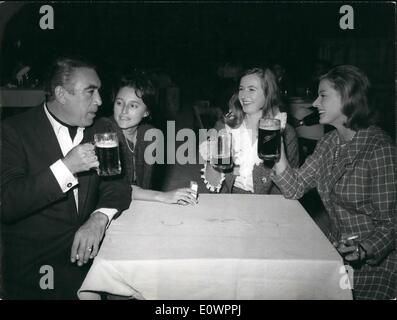 Nov. 11, 1963 - Rome, 9th november 1963- At Cinecitta the Rome's little Hollywood; Ingrid Bergman, Anthony Quinn; Irina Delich and other actors who take part to the film ''The Visit'' received and honoured all the guests at the coctail party which took place in the town of ''Guellen'' a little toon re-built in the studios and where the action of the film takes place. Stock Photo