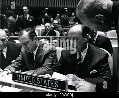 Feb. 02, 1964 - Payments Clash In UN Postponed: By a last minute ''Gentleman's Agreement'' it was decided to postponed the showdown between the United States and Russia over the payments issue and Russia's voting rights -- before opening of the 19th. session of the U.N. General Assembly in New York. Photo Shows Mr. Adlai Stevenson of the United States - at the meeting. Stock Photo