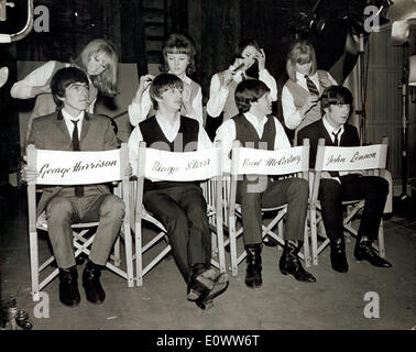 The Beatles getting their hair done at Twickenham Studios Stock Photo
