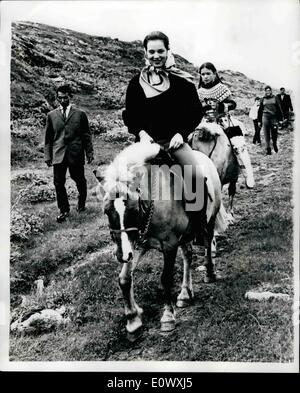 Aug. 08, 1964 - Princess Benedikte Goes Riding - in Greenland... H.R.H. Princess Benedikte of Denmark - is now on visit to Greenland for a tour of the various institutions of the country - children's homes - Red Cross centres etc... Most of her travelling is being done on horse back - owing to the nature of the country side. Keystone Photo Shows: Princess Benedikte during her visit to Quaisartut... Riding behind the Princess is the daughter of the local shepherd. Stock Photo