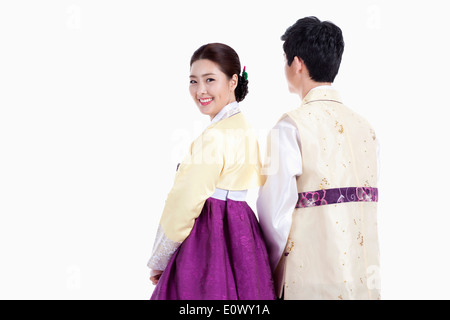 a couple wearing traditional Korean outfits Stock Photo