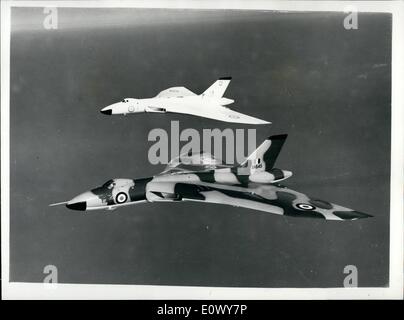 Jun. 06, 1964 - British official photograph . Issued for the Royal air force by the central office of information .London. First pictures showing (Foreground0 a Vulcan B Mk 2 camouflaged for royal air force command's low-level role. The aircraft, from R.A. f. coningsby, lines. is flying in company with a white - painted B. mk. 2. from no.230operational conversion unit, R.a.f. finningley, york. Stock Photo