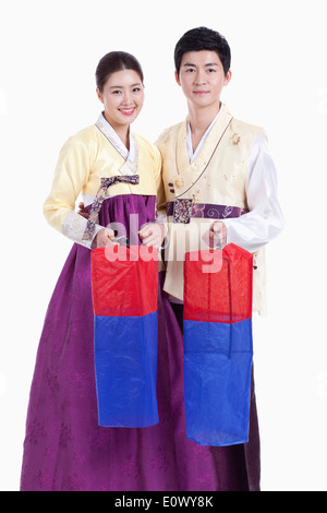 a couple wearing traditional Korean outfits Stock Photo