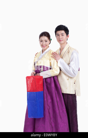 a couple wearing traditional Korean outfits Stock Photo