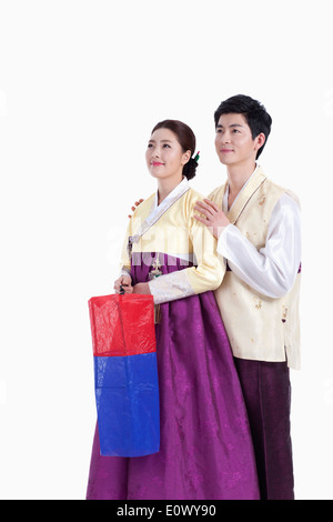 a couple wearing traditional Korean outfits Stock Photo