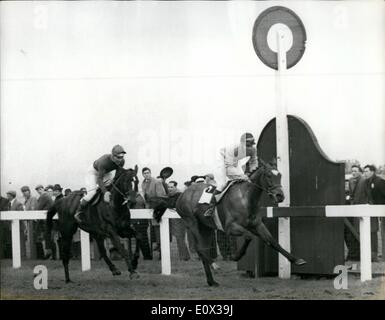 Mar. 03, 1965 - An American Horse wins The 1965 Grand National At Aintree - Liverpool Today: The American horse Jay Trump, ridden by Crompton Smith, beat the favourite ''Freddie'' in a thrilling finish to win the 1965 Grand National Chase at Anitree, Liverpool today. ''Mr. Jones'' was placed third. Photo shows: ''Jay Trump'' ridden by Crompton Smith passes the winning post just ahead of ''Freddie'', ridden by P. McCarron, to win the 1965 Grand National today. Stock Photo