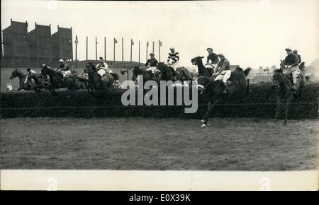 Mar. 03, 1965 - An American Horse Wins The 1965 Grand National At Aintree Today: The American horse ''Jay Trump'' ridden by Crompton Smith, beat the favorite ''Freddie'' in a thrilling finish to win th 1965 Grand National Chase at Aintree, Liverpool, today. ''Mr. Jones'' was placed third. Phot Shows Some of the 47 riders take the first jump during the race today. Stock Photo