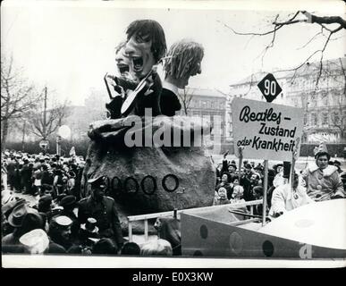 Mar. 03, 1965 - A Bagful Of ''Beatles'' Amusing Carnival In Mainz - Germany: It is estimated that more than half a million spectators lined the route- at the annual Carnival Procession through the streets of Mainz - Germany - during which the organisers attacked political persons - and top stars in the entertainment world - such as this float of ''The Battles'' popping out of a bag labelled ''Millionsickness' Stock Photo