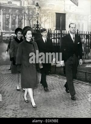 Dec. 12, 1965 - Queen Attends 900th. Anniversary Service At the Abbey: H.M. The Queen today attended the inaugural service at Westminster Abbey for the celebration commemoration the 900th. Anniversary of the abbey's consecration. Other members of the Royal Family also attended. Photo Shows H.M. The Queen With Prince Philip, Prince Charles and Princess Anne, arrive at Westminster Abbey for today's service. Stock Photo