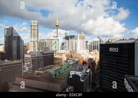 Sydney, Australia - May 12 - The view down Clarence St towards Sydney Tower in Sydney CBD on May 12th 2014. Stock Photo