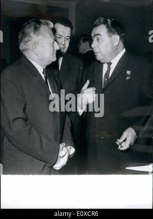 Jun. 06, 1966 - 13th Congress of Communist party of Czechoslovakia: President Antonin Novotny, of Czechoslovakia, on left, in conversation with Mr. Brezhnev, the Russin party leader (right) at the 13th Congress of the Communist Party of Czechoslovakia, held in Prague. In centre is Vladimir Koucky, secretary of the Central Committe of the Communist Party of Czechoslovakia. Stock Photo