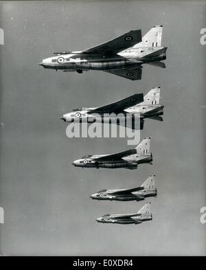 May 05, 1966 - The New Lightning In R.A.F. Service Photo Shows: A flight of the latest mark of ''Lightning'' - the FMK 6 - which are now in service with the Royal Air Force Fighter Command, forming the equipment of No. 5 Squadron at Binbrook, Lincolnshire. This version has a 600-gallon ventral fuel tank and a modified wing form. It carries Firestreak or Red Top air-to-air missiles and can be refuelled in flight. Stock Photo