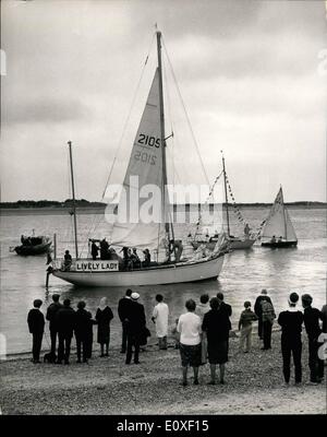 Aug. 08, 1966 - Lone Yachtsman sets off on race round world: Mr. Alec Rose,58, a Portsmouth greengrocer, set out from Portsmouth today, in his 30ft. Yacht ''Lively Lady'', to sail round the world, with only one stop - Australia - which he hopes to reach before the racing marathon expert, Mr. Francis Chichester, who plans to start in two weeks in his new 53ft. Yacht Gipsy Moth IV. They will follow the old racing clipper route to Australia, stopping at Sydney for a short rest. There was a slight mishap as he started, when ''Lively Lady'' ran aground Stock Photo