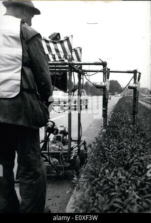 Jul. 21, 1966 - Pictured here is a hedge trimming machine that Munich's head of City Gardening brought back with him from a trip to England. What used to be a long and tiresome process has made a gardener's life much easier. The gardeners have put the machine to work in the city. Stock Photo