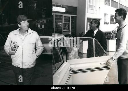 Aug. 08, 1966 - Actor Gregory Peck and Producer David Miller are leaving Crans (Switzerland) Georgey Peck (left) and Producer David Miller (right) are seen leaving Crans for reasons not fully disclosed, taking with them a team of 300 of United Artists Producing Unity of the movie ''The Bells of Hell go ting-a-ling-a-ling''. Allegedly bad weather is the cause of their departure. Already earlier the team had run against the opposition of 7 elderly lassies who are the proprietors of a suitable place at6 the Bodensee= (Lake of Constance) and where the scenes on the lake shore were to be shot Stock Photo