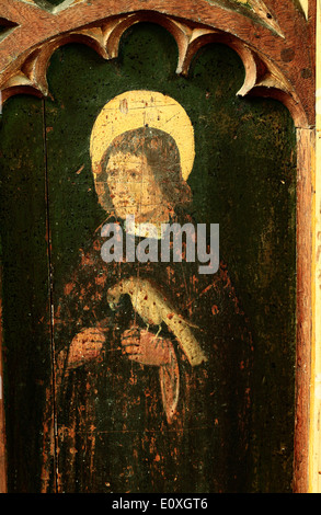 St. Jeron, medieval rood screen painting, c. 1500, with Falcon perched on hand, North Tuddenham, Norfolk paintings saint saints Stock Photo