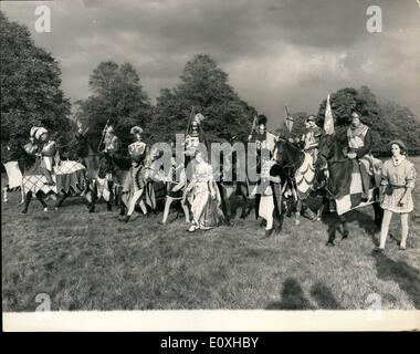 Oct. 10, 1966 - A Rehearsal of a Mediaeval Jousting Tournament for next week's Battle of Hastings celebrations.: A full rehearsal of a mediaeval jousting tournament which take place next week to commemorate the 900th anniversary of the Battle of Hastings, was held today at Eridge Park, near Tunbridge Wells the home of the Marquees of Abergavenny. The actual pageant will take place on part of the original 1066 battlefield outside Hastings, Photo shows The jousters are escorted to the scene for todays rehearsal. Stock Photo