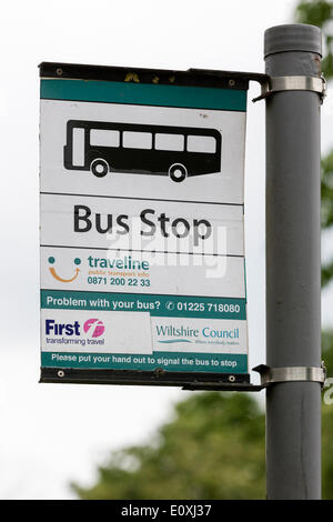 CHIPPENHAM, UK, 20th May, 2014. On the day before FirstGroup plc announce preliminary full year results, a bus stop with the FirstGroup logo on it is pictured in Chippenham,Wiltshire. Credit:  lynchpics/Alamy Live News Stock Photo