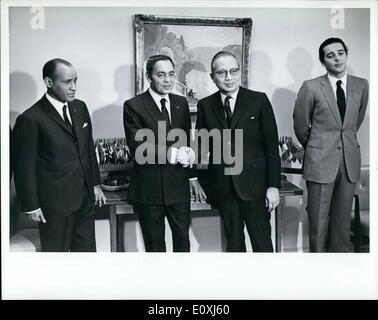 Feb. 02, 1967 - King Haussen II of Morocco paid an official visit to United Nations Headquarters today. He conferred with Secretary-General U Thant and attended a dinner given in his honour by the Secretary-General. King Hassan (2nd from left) shaking hands with Secretary-General U Thant. At left is Ambassador Day Ould Sidi Baba, Permanent Representative of Morocco to the UN, and at right is Prince Moulay Abdullah. Stock Photo