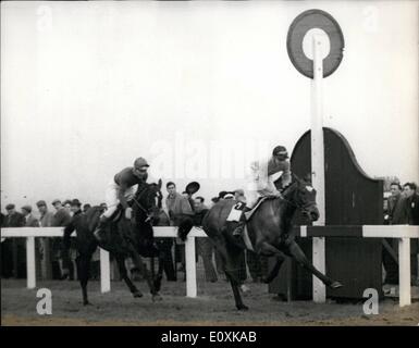 Mar. 03, 1967 - An American Horse wins the 1965 Grand National at Aintree- Liverpool today: The American horse Jay Trump, ridden by Crompton smith, beat the favourite ''Freddie'' in a thrilling finish to win the 1965 Grand National Chase at Aintree, Liverpool today. ''Mr. Jones'' was placed third. Picture Shows: ''Jay Trump'' ridden by Crompton smith passes the winning post just a head of ''Freddie'', ridden by P. McCarron, to win the 1965 Grand National today. Stock Photo
