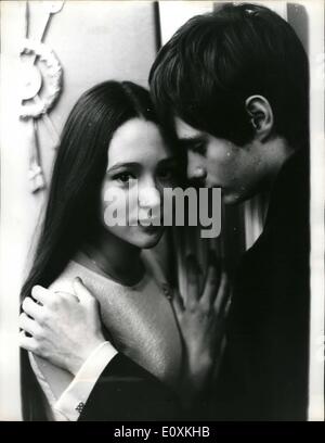 May 05, 1967 - Youthful Romeo and Juliet : 16 year old Leonard whiting and 5 year old Olivia Hussey , will play the star crossed lovers in France Zoffirelli's film Romeo and Juliet . They were chosen from over 300 contenders in a three months search. It is the first tome Romeo and Juliet has been filmed with such a youthful ease. The film will be shot in colour at studios in Rome and on location in Italy. Filming begins in June and will last three months. The producers are Anthony have look Allan and Allan and John Brabourne, It is Paramount picture Stock Photo