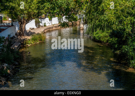 River running through a small Portuguese village, with over hanging trees. Stock Photo