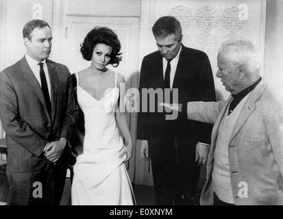 Famous actors on set of Charlie Chaplin's 'A Countess from Hong Kong' Stock Photo