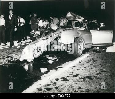 Jul. 07, 1967 - Jayne Mansfield killed in car crash:Photo shows The scene after the ear crash in which Jayne Mansfield, 33, Hollywood actress and cabaret performer, was killed, near New Orleans on Thursday (June 29). Also killed were her lawyer companion, Mr.Samuel Brody, and her chauffeur, Mr.Ronnie Harrison. Three of her children were injured. Stock Photo