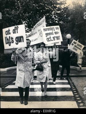 Oct. 10, 1967 - Young Americans Who Oppose The Vietnam War Return Their Draft Cards To U.S. Embassy in London: A nunber of young Americans in this American Embassy in Grosvenor Square, London today, to hand in their draft cards during a protest demonstrations. Photo shows Young Americans seen marching on their way to the American Embassy today. Stock Photo