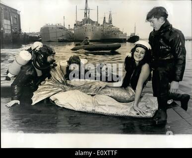 Nov. 11, 1967 - Mermaid' visits Royal Navy's Plymouth Command diving school.: 22-year old Anne Furness, Westward television's resident mermaid in an angling quiz show called ''Take the Bait'', paid a visit to the Royal Navy's Plymouth Command Diving School. Anne, whose home town is Bridlington, to spend a day at the diving school after the divers saw her programme. Photo shows mermaid Anne Furness, is the center of attraction, during her visit to the Royal Navy's Plymouth Command Diving School. Stock Photo