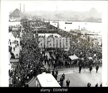 Nov. 25, 1967 - Mass Demonstration in Istanbul calling for war with Greece over Cyprus: Fifteen thousand Turks demonstrated through the streets of Istanbul this week calling for war with Greece over Cyprus. During the march some students went to the Greek Counsulate and hanged a declaration of war on the door which read ''Filthy Greek youth, you are bound to be a servant, You have been servants for Horses for centuries, and you will do that again, '' signed Turkish Youth. Photo shows A general view of some of the Fifteen thousand people who took part in the demonstration in Istanbul. Stock Photo