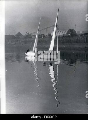 Mar. 03, 1968 - GLC Chief sails in Dinghy.: Ideal sailing conditions met Mr. Desmond Plummer, leader of the Greater London Council, crewing a GP 14 dinghy from Putney to Westminster yesterday. Astern of him was Mr. Christopher Chataway, leader of the Inner London Education Committee. The outing was organised by the South Bank Sailing Club so that Mr. Plummer, a novice at sailing, will have first-hand knowledge when the River Thames conference opens on Monday. The conference brings together local authorities controlling 40 miles of the Thames to work out methods of improving its amenities. Stock Photo