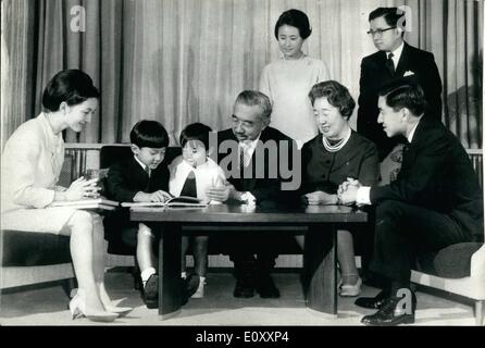 Jan. 01, 1968 - Royal family celebrates the New Year. Photo shows Royal Family of Japan sit in a happy circle: (from left to right) front now, Crown Princess Michiko, Prince Hiro, Prince Aya, the Emperor, the Empress, Crown Prince Akihito, (Back row) Princess Hitachi, and Prince Hitachi, at the Imperial Palace, Tokyo. Stock Photo