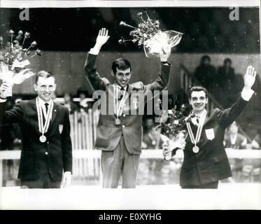 Feb. 02, 1968 - Gold Medal For Italy In Winter Olympics: The first gold medal of the Winter Olympic Games went to Italy, when Franco Noomes won the 30-Kilometers cross-country race at Austrians. O. Martinsen of Norway was second and E. Maentryanta of Finland, was third. Picture Shows: Pictured on the rostrum after the veent are F. Nomes, of Italy (Center), the winner; D. Martinsen, of Norway (left) who was second, and E. Maentyranta, of Finland (right), who was third. Stock Photo